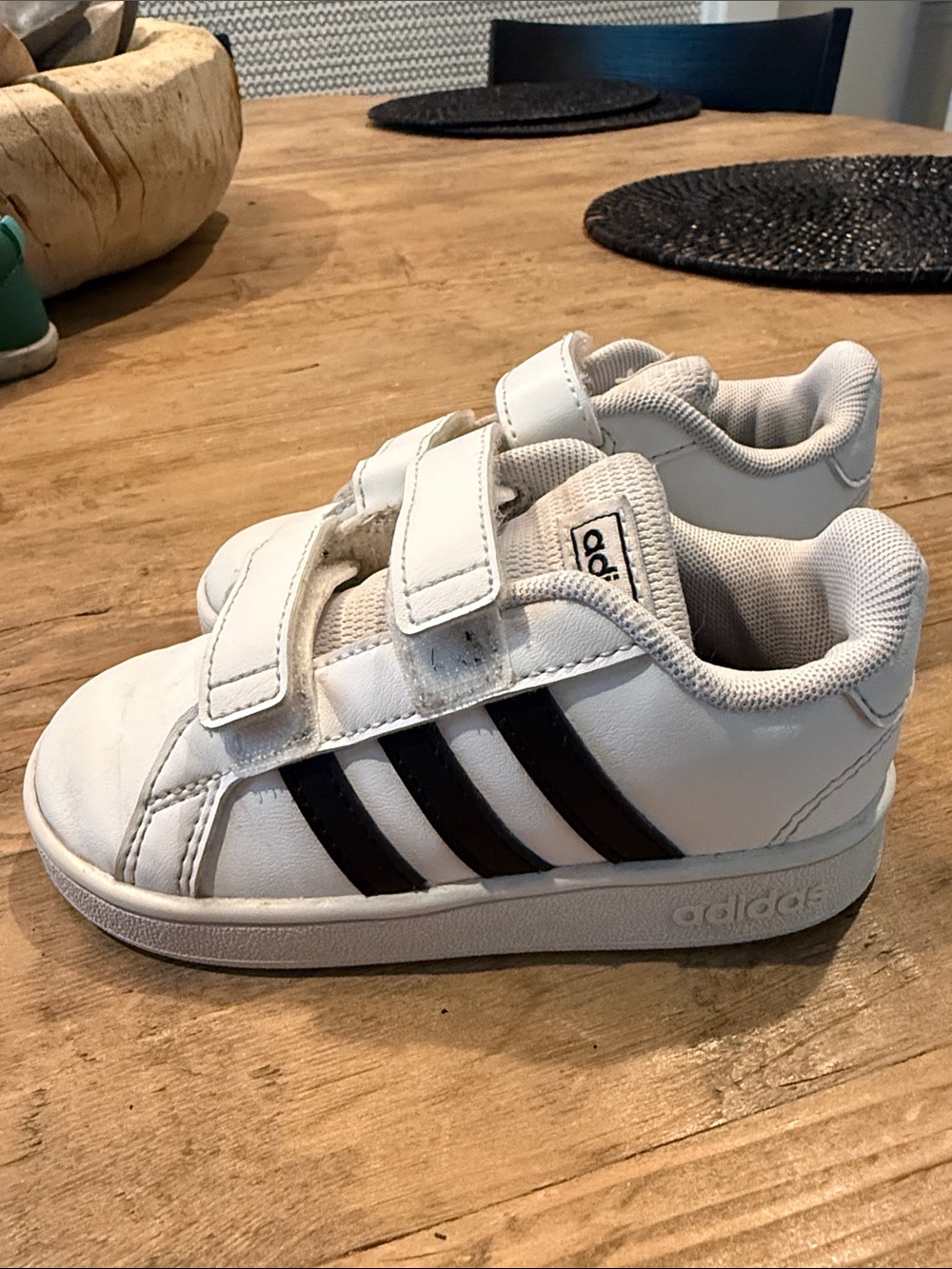 adidas Kids White Sneakers with Black Stripes Velcro